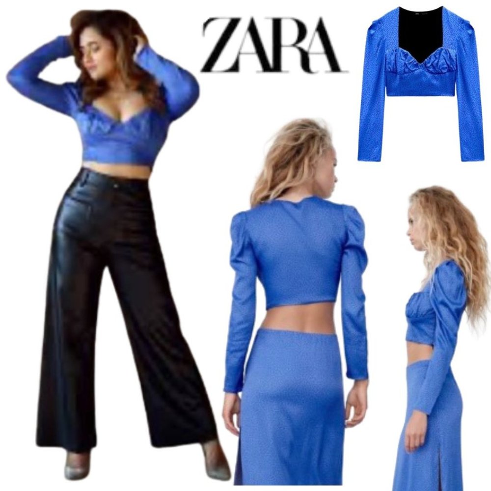 NWT Zara Long Puff Sleeve Crop Top in Blue with Black Polka Dot Size XS
